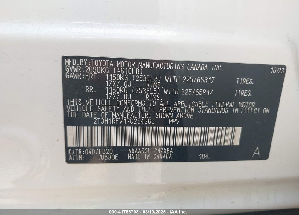 2024 TOYOTA RAV4 VIN: 2T3H1RFV1RC254365