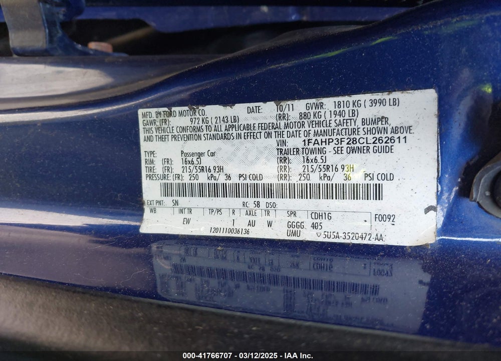 2012 FORD FOCUS VIN: 1FAHP3F28CL262611