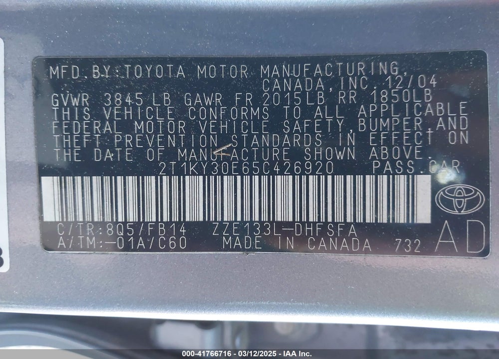 2005 TOYOTA MATRIX VIN: 2T1KY30E65C426920