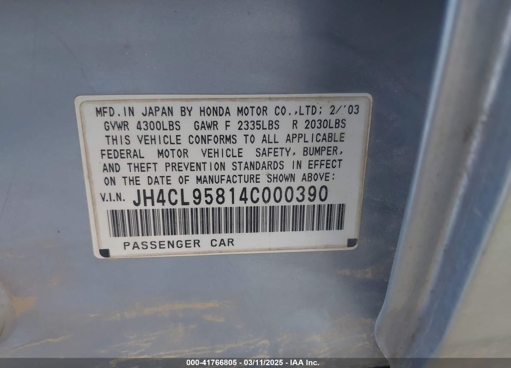 2004 ACURA TSX VIN: JH4CL95814C000390