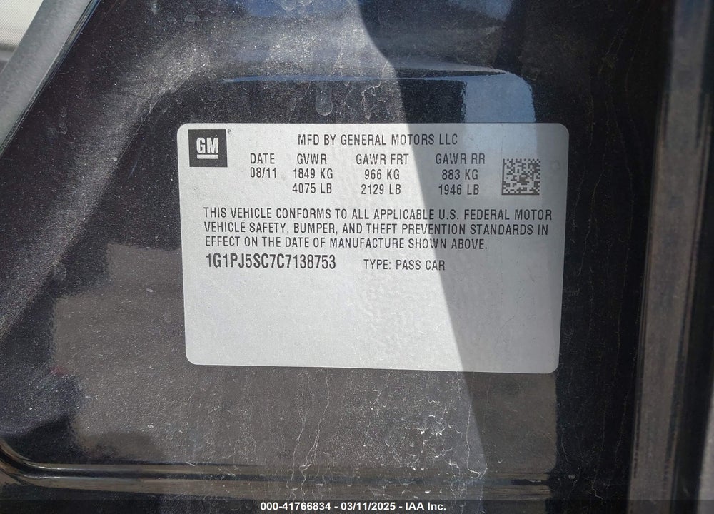 2012 CHEVROLET CRUZE VIN: 1G1PJ5SC7C7138753