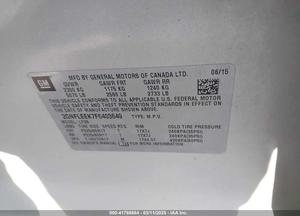 2015 CHEVROLET EQUINOX VIN: 2GNFLEEK7F6403649