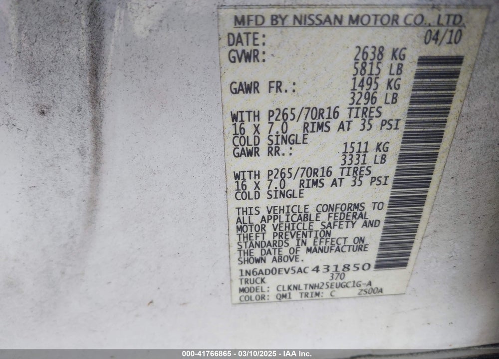 2010 NISSAN FRONTIER VIN: 1N6AD0EV5AC431850