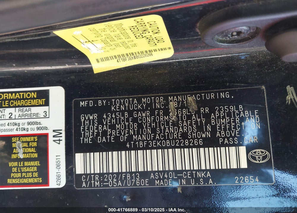 2011 TOYOTA CAMRY LE VIN: 4T1BF3EK0BU228266