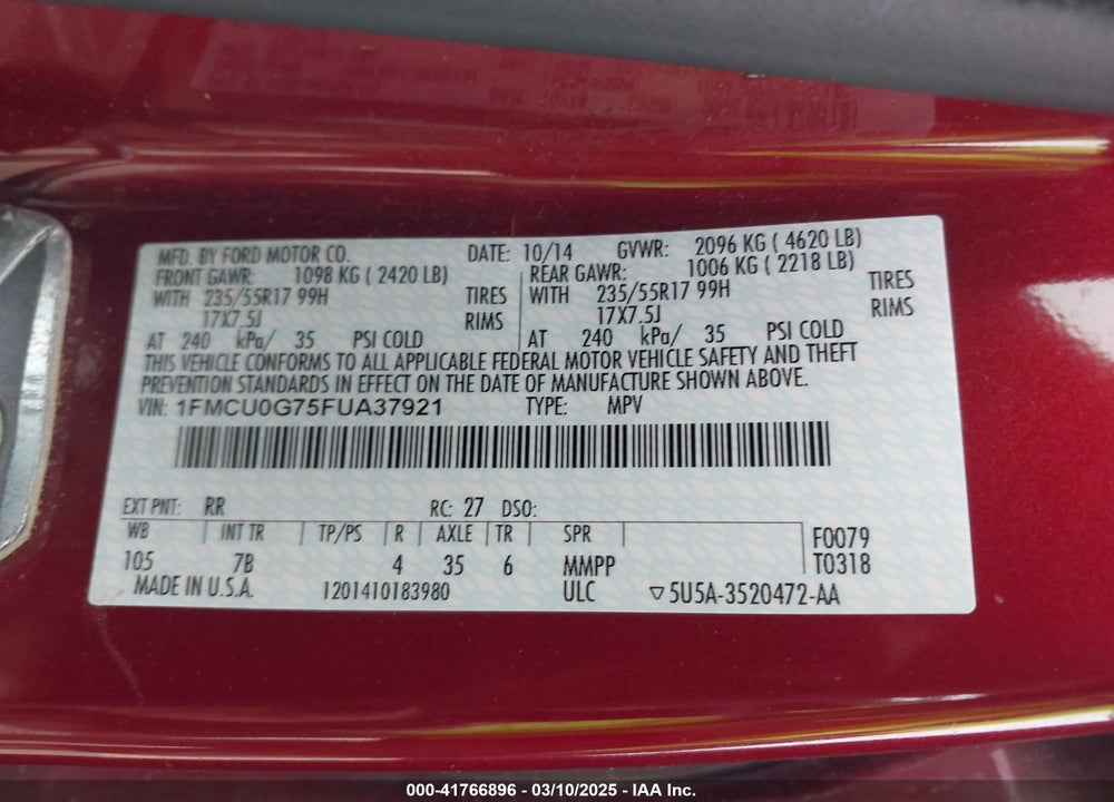 2015 FORD ESCAPE VIN: 1FMCU0G75FUA37921