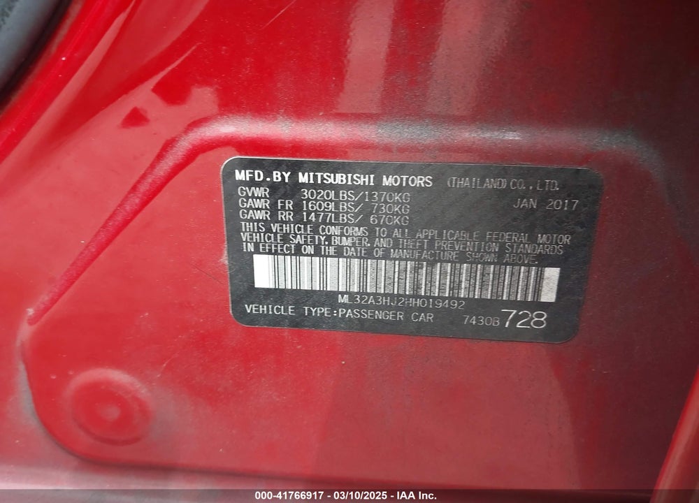 2017 MITSUBISHI MIRAGE VIN: ML32A3HJ2HH019492