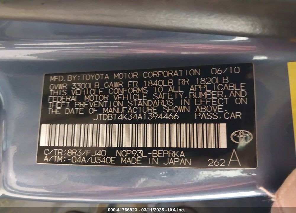 2010 TOYOTA YARIS VIN: JTDBT4K34A1394466