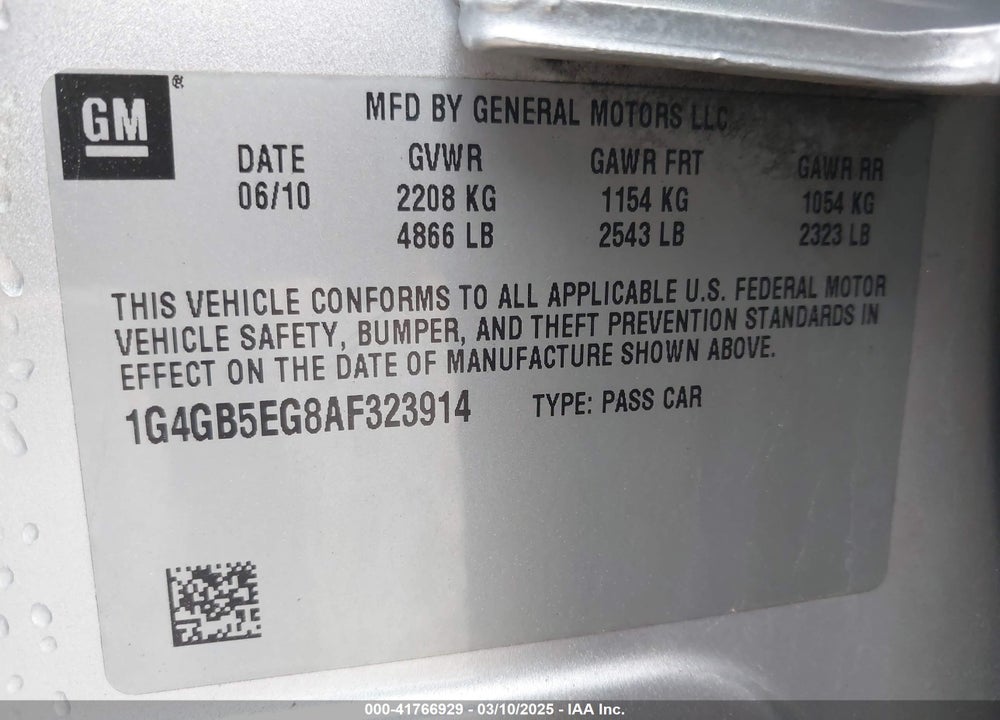 2010 BUICK LACROSSE VIN: 1G4GB5EG8AF323914