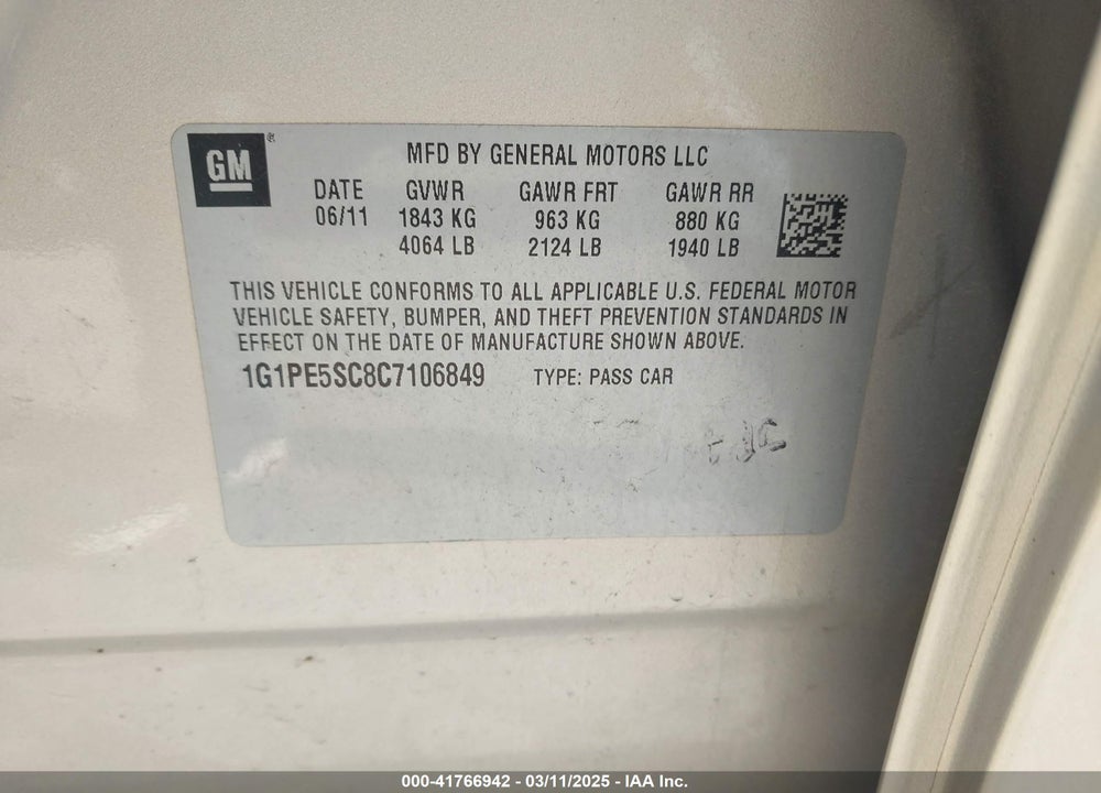 2012 CHEVROLET CRUZE VIN: 1G1PE5SC8C7106849