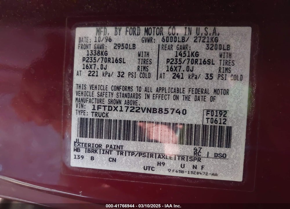 1997 FORD F-150 VIN: 1FTDX1722VNB85740
