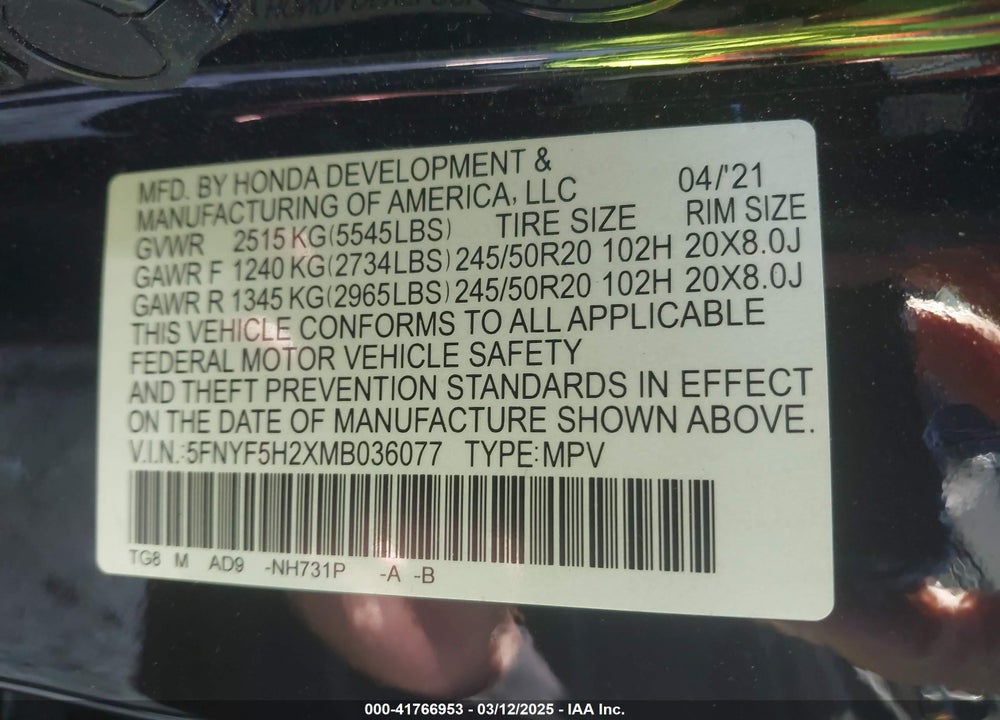 2021 HONDA PILOT VIN: 5FNYF5H2XMB036077