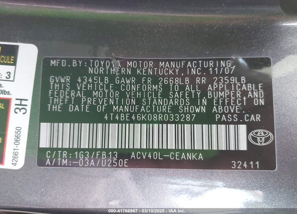 2008 TOYOTA CAMRY LE VIN: 4T4BE46K08R033287