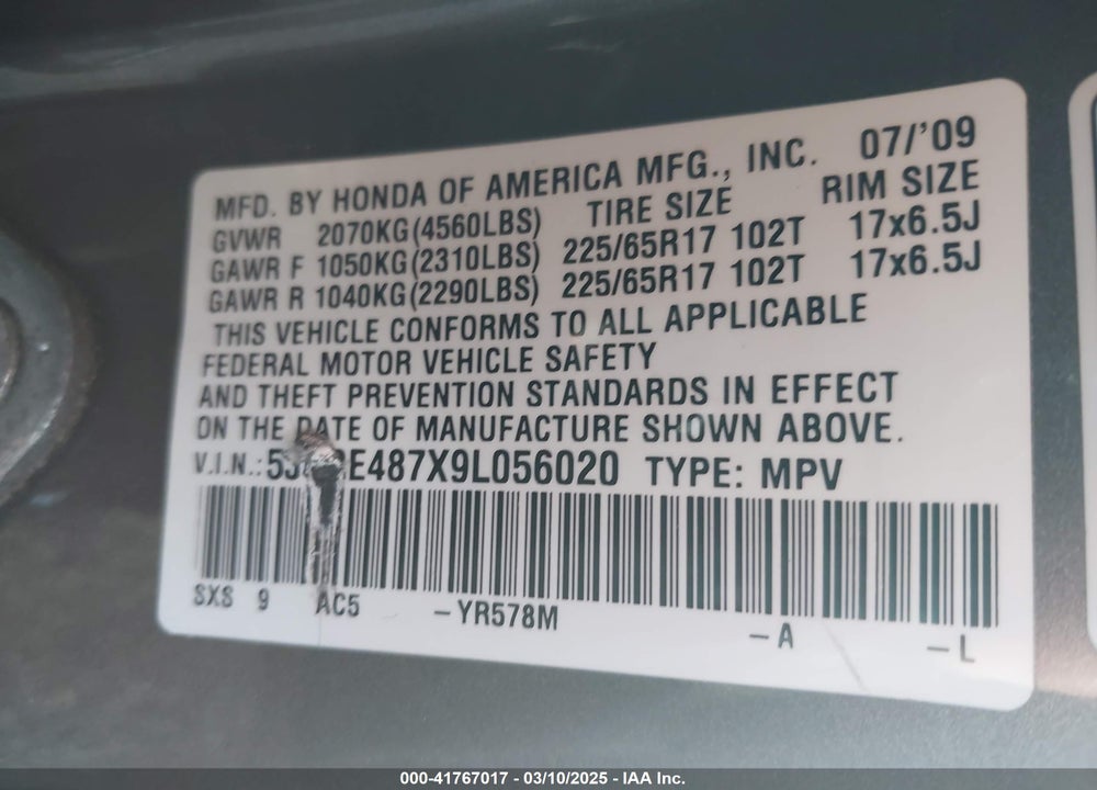2009 HONDA CR-V EX-L VIN: 5J6RE487X9L056020