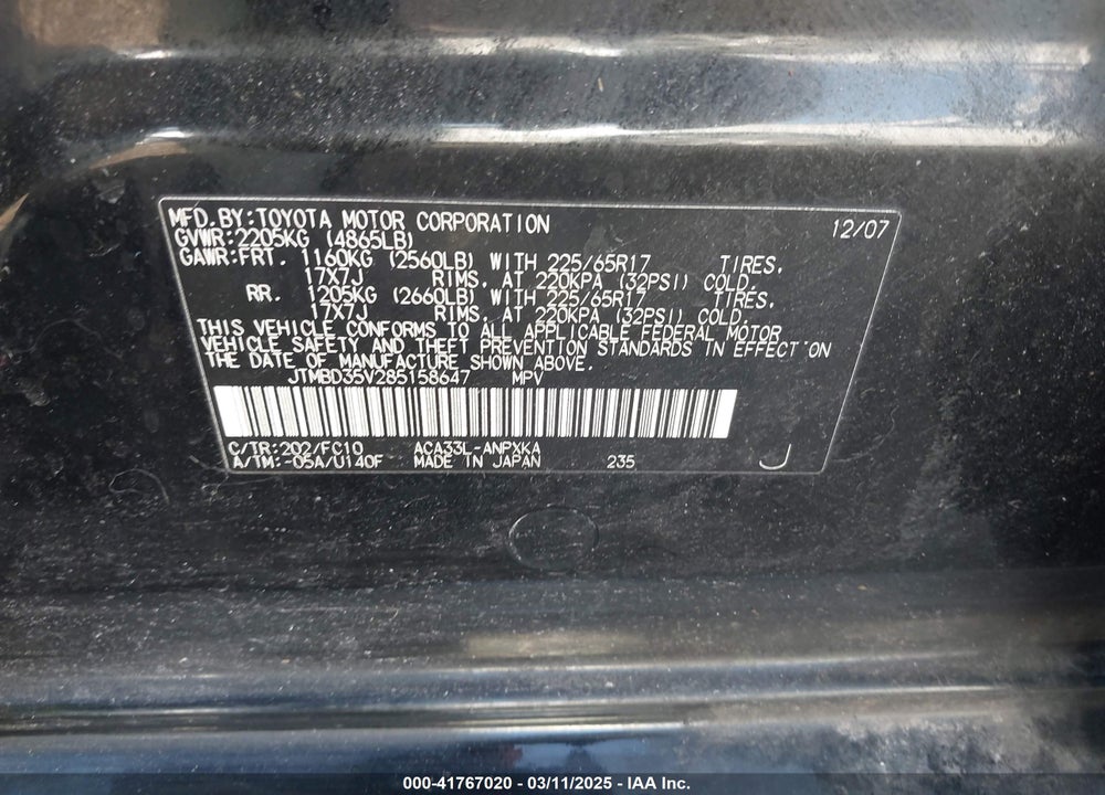 2008 TOYOTA RAV4 VIN: JTMBD35V285158647