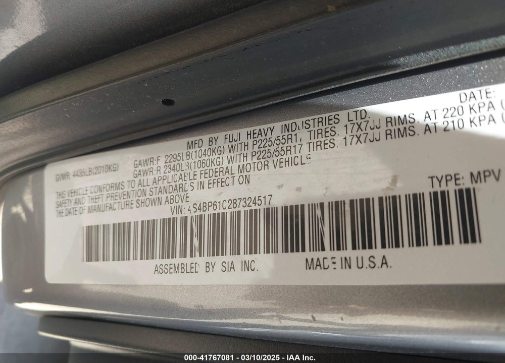 2008 SUBARU OUTBACK VIN: 4S4BP61C287324517