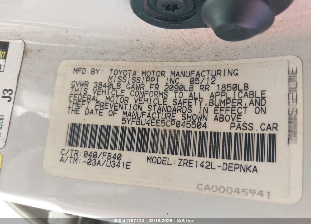 2012 TOYOTA COROLLA VIN: 5YFBU4EE5CP045504