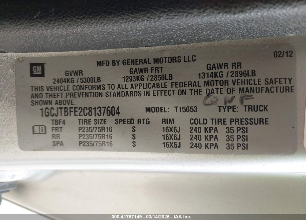 2012 CHEVROLET COLORADO VIN: 1GCJTBFE2C8137604
