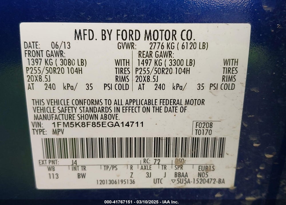 2014 FORD EXPLORER VIN: 1FM5K8F85EGA14711