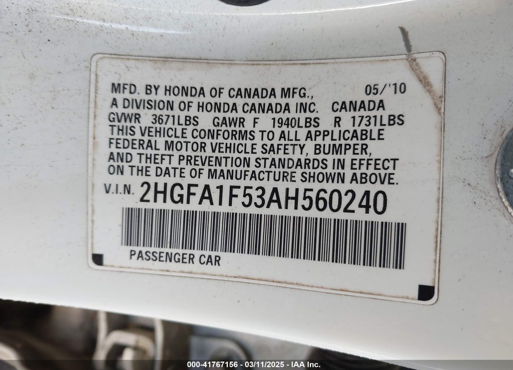 2010 HONDA CIVIC VIN: 2HGFA1F53AH560240