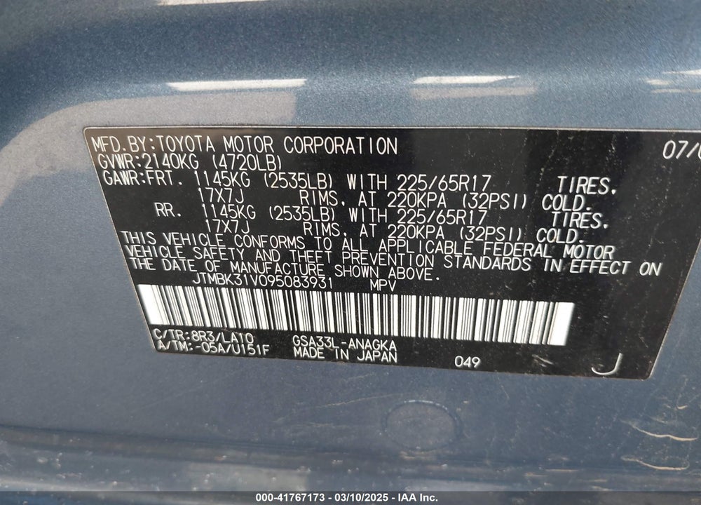 2009 TOYOTA RAV4 LIMITED V6 VIN: JTMBK31V095083931