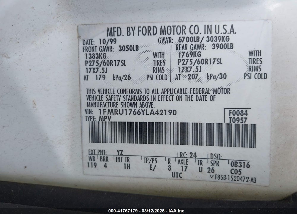 2000 FORD EXPEDITION VIN: 1FMRU1766YLA42190