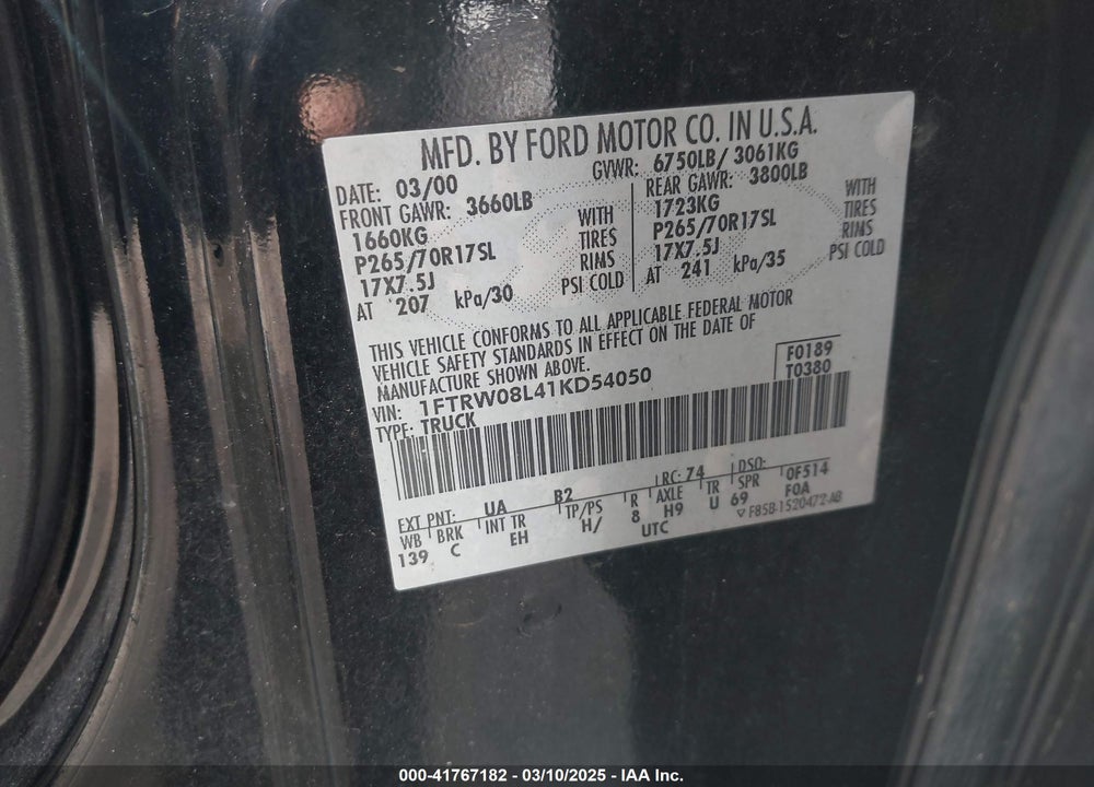 2001 FORD F-150 VIN: 1FTRW08L41KD54050
