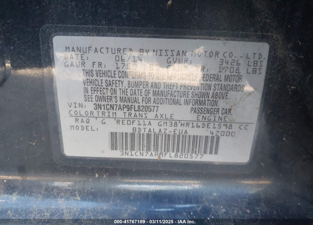 2015 NISSAN VERSA VIN: 3N1CN7AP9FL820577