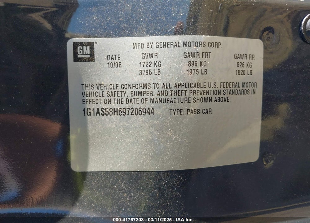 2009 CHEVROLET COBALT VIN: 1G1AS58H697206944