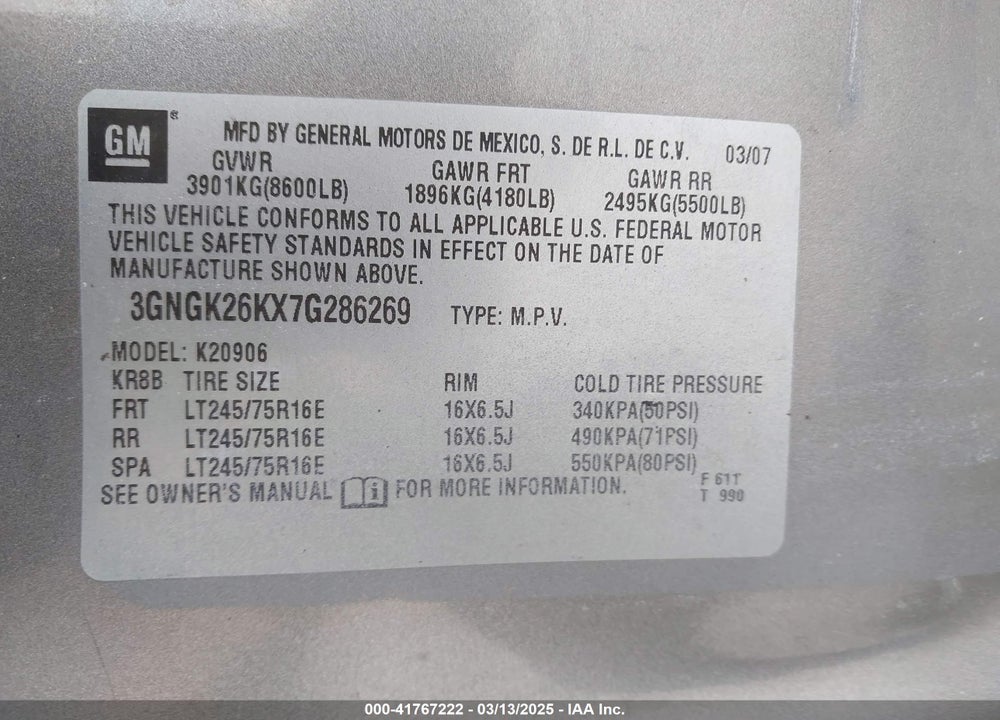2007 CHEVROLET SUBURBAN 2500 VIN: 3GNGK26KX7G286269