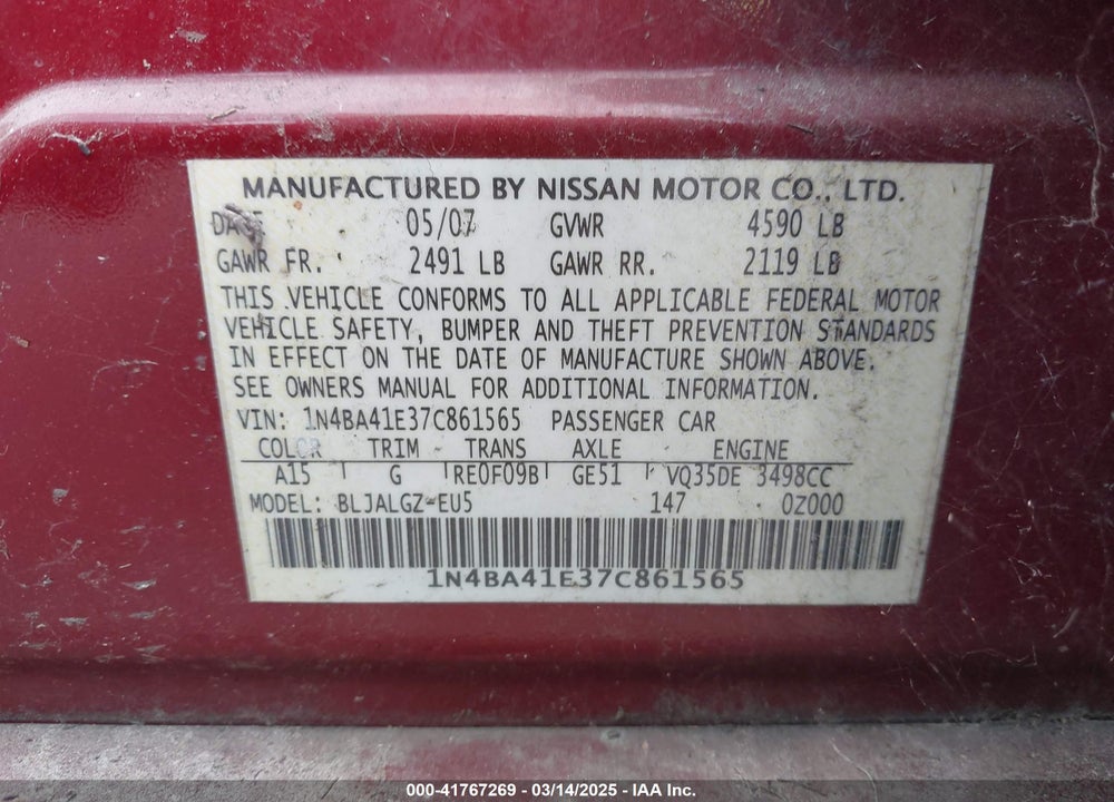 2007 NISSAN MAXIMA VIN: 1N4BA41E37C861565