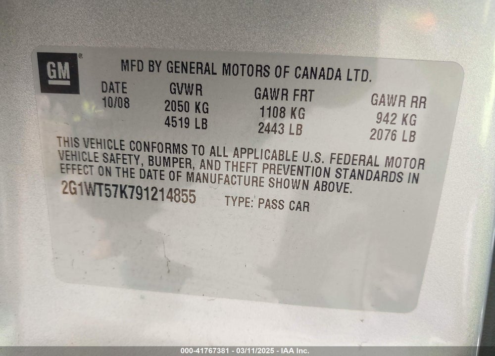 2009 CHEVROLET IMPALA VIN: 2G1WT57K791214855