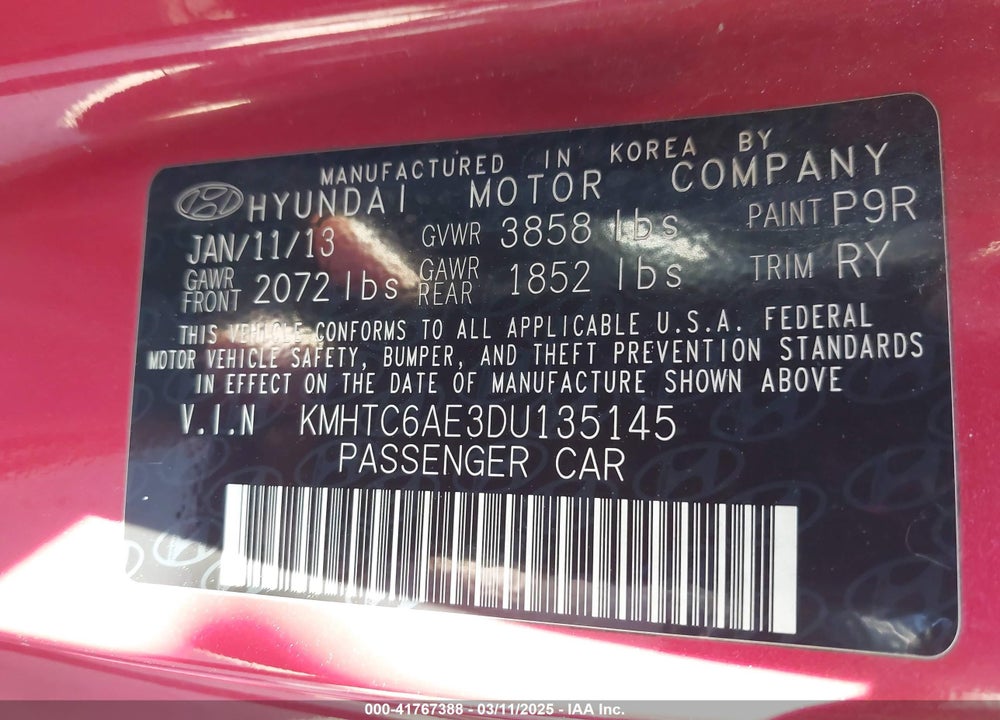 2013 HYUNDAI VELOSTER TURBO W/BLACK VIN: KMHTC6AE3DU135145