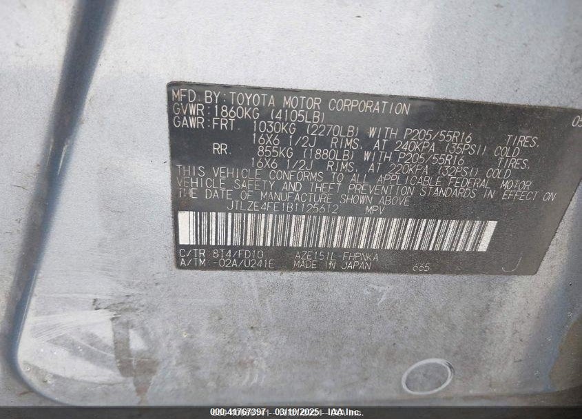 2011 SCION XB VIN: JTLZE4FE1B1125612