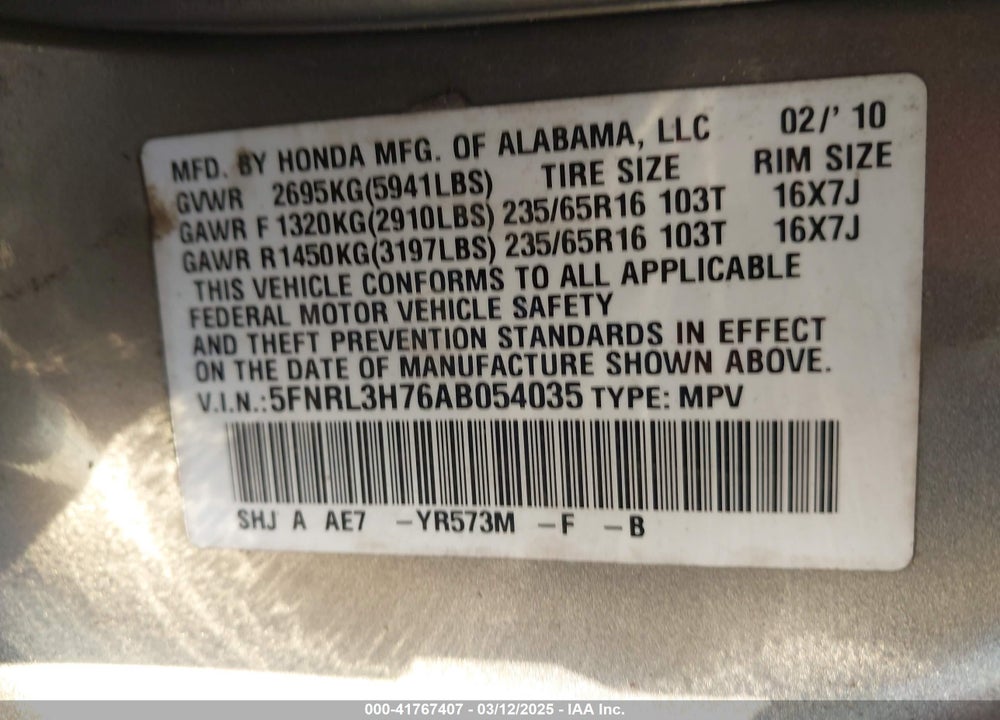 2010 HONDA ODYSSEY VIN: 5FNRL3H76AB054035