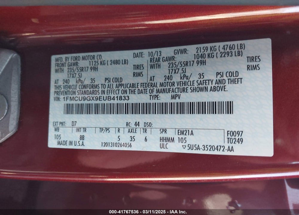 2014 FORD ESCAPE VIN: 1FMCU9GX9EUB41833
