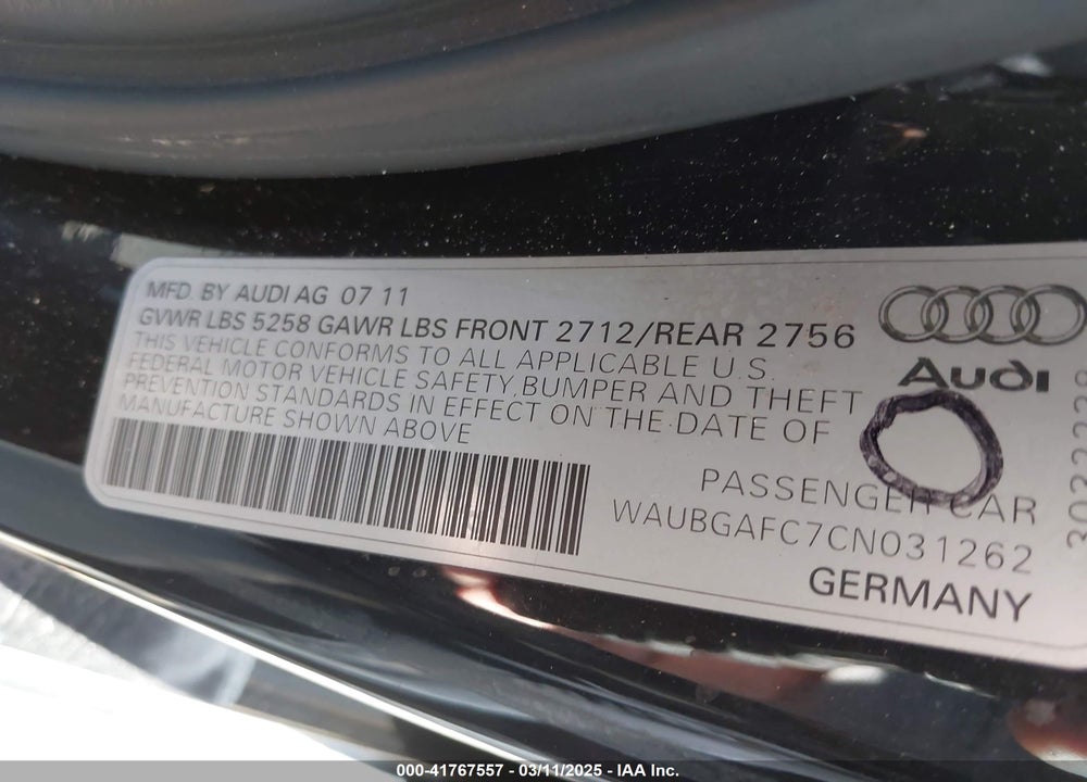 2012 AUDI A6 VIN: WAUBGAFC7CN031262