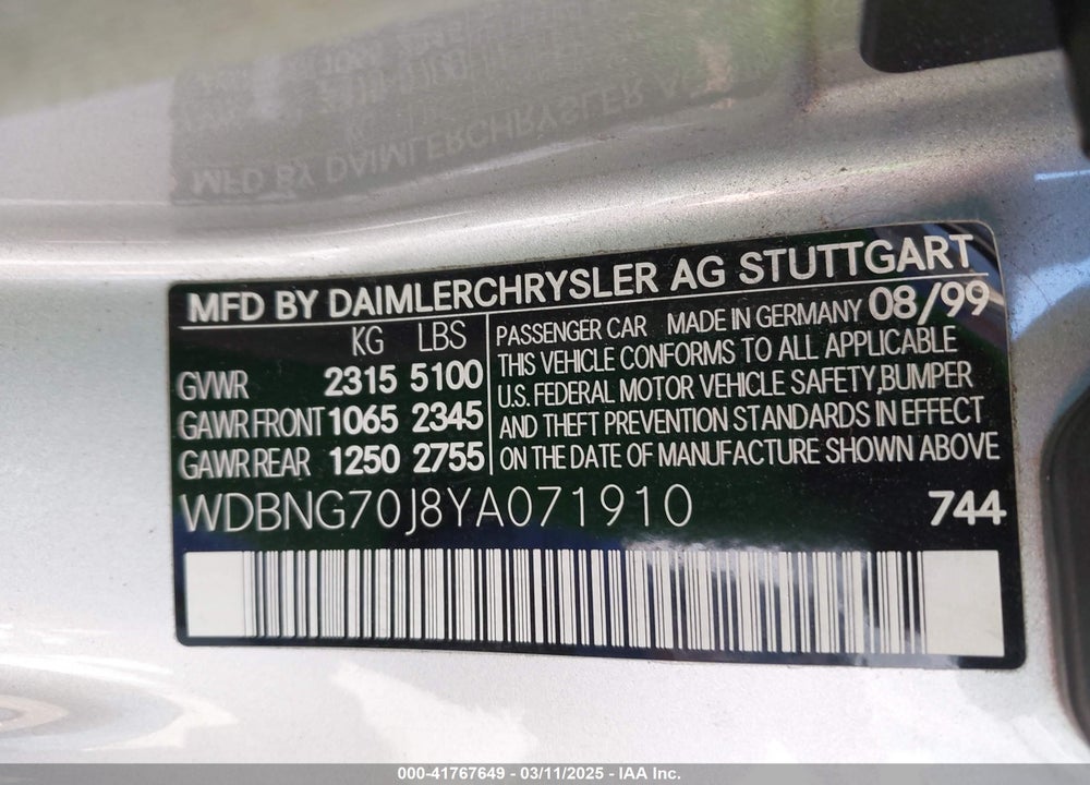 2000 MERCEDES-BENZ S 430 VIN: WDBNG70J8YA071910