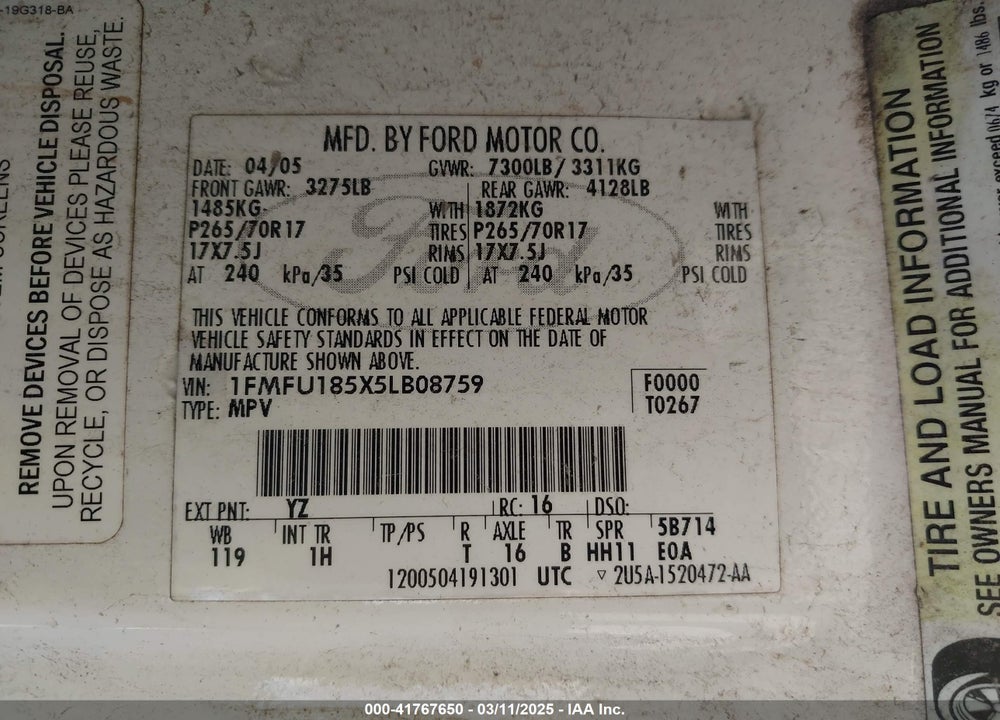 2005 FORD EXPEDITION VIN: 1FMFU185X5LB08759