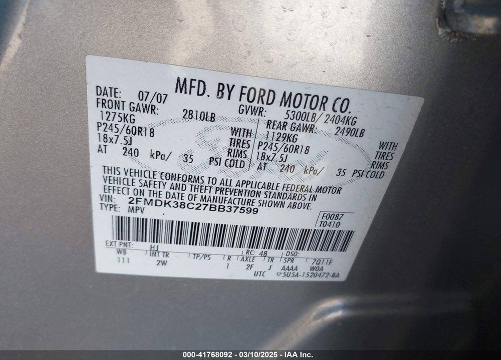 2007 FORD EDGE SEL VIN: 2FMDK38C27BB37599