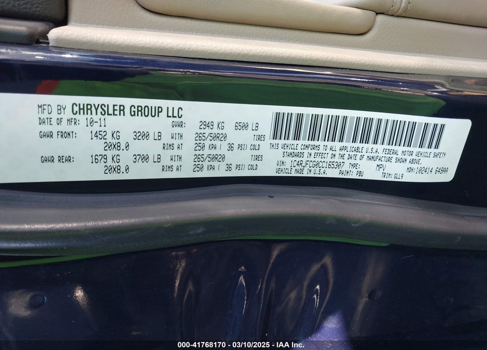 2012 JEEP GRAND CHEROKEE VIN: 1C4RJFCG0CC165307