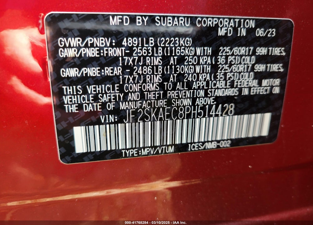 2023 SUBARU FORESTER VIN: JF2SKAEC8PH514428