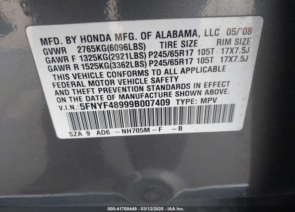 2009 HONDA PILOT VIN: 5FNYF48999B007409