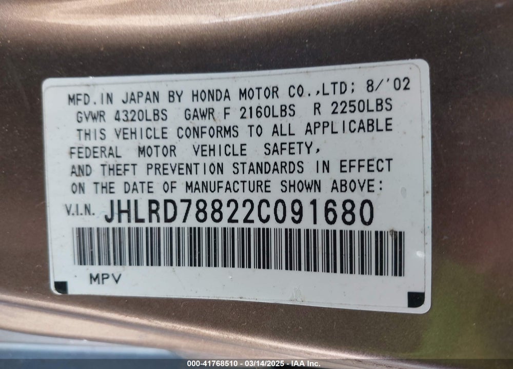 2002 HONDA CR-V VIN: JHLRD78822C091680