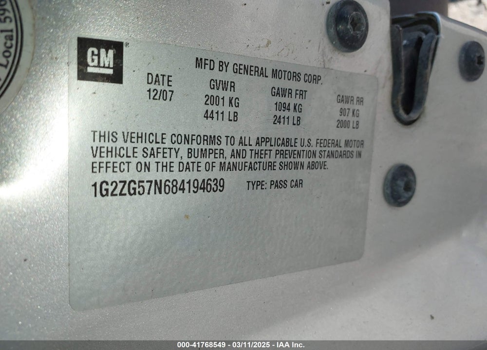 2008 PONTIAC G6 VIN: 1G2ZG57N684194639