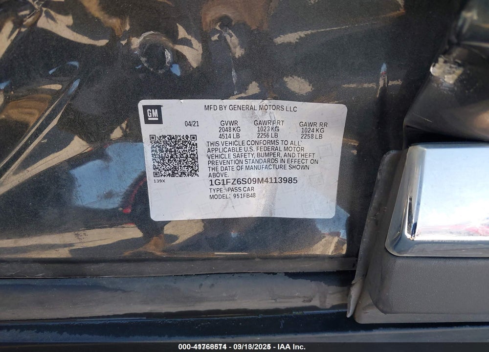 2021 CHEVROLET BOLT EV FWD PREMIER VIN: 1G1FZ6S09M4113985