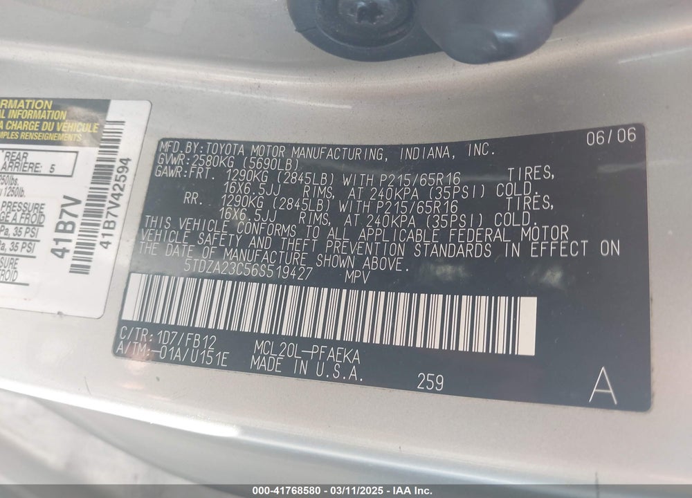 2006 TOYOTA SIENNA VIN: 5TDZA23C56S519427