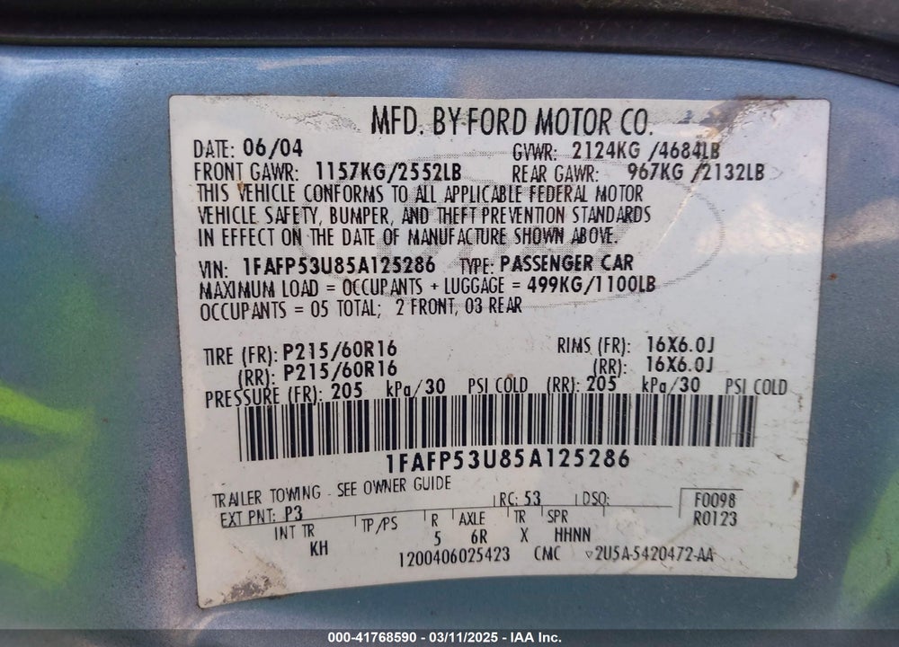2005 FORD TAURUS VIN: 1FAFP53U85A125286