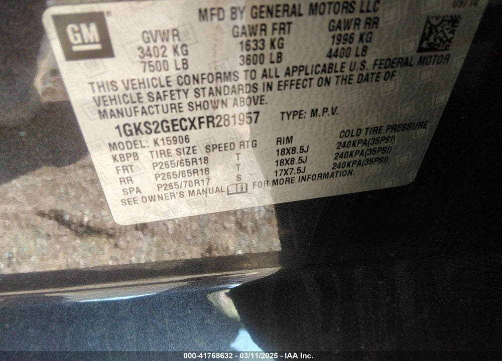 2015 GMC YUKON XL 1500 VIN: 1GKS2GECXFR281957