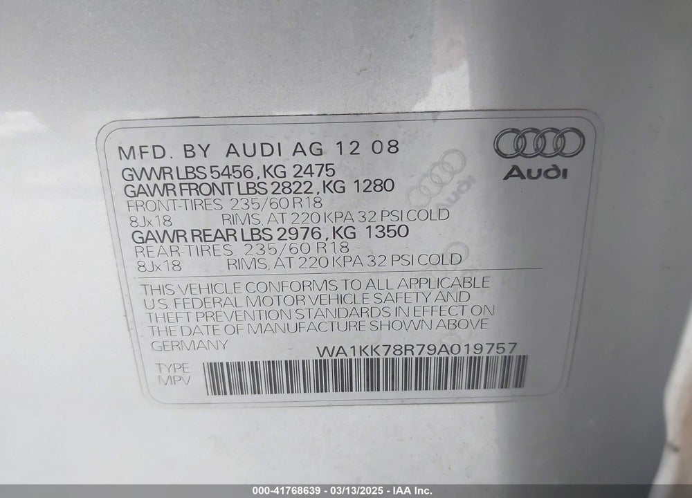 2009 AUDI Q5 3.2 PREMIUM VIN: WA1KK78R79A019757