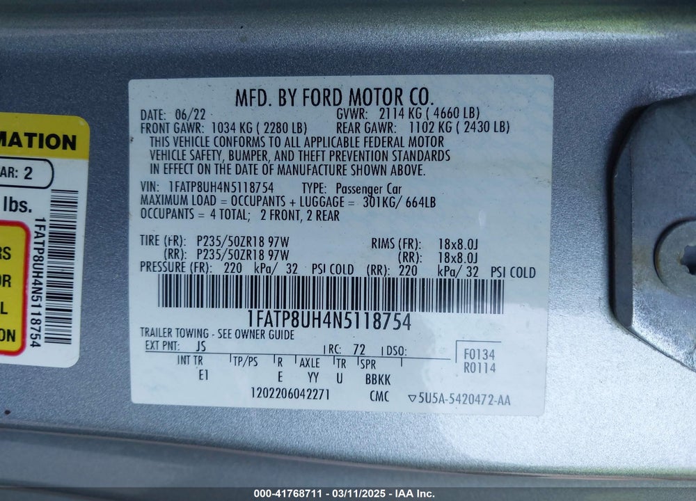 2022 FORD MUSTANG VIN: 1FATP8UH4N5118754